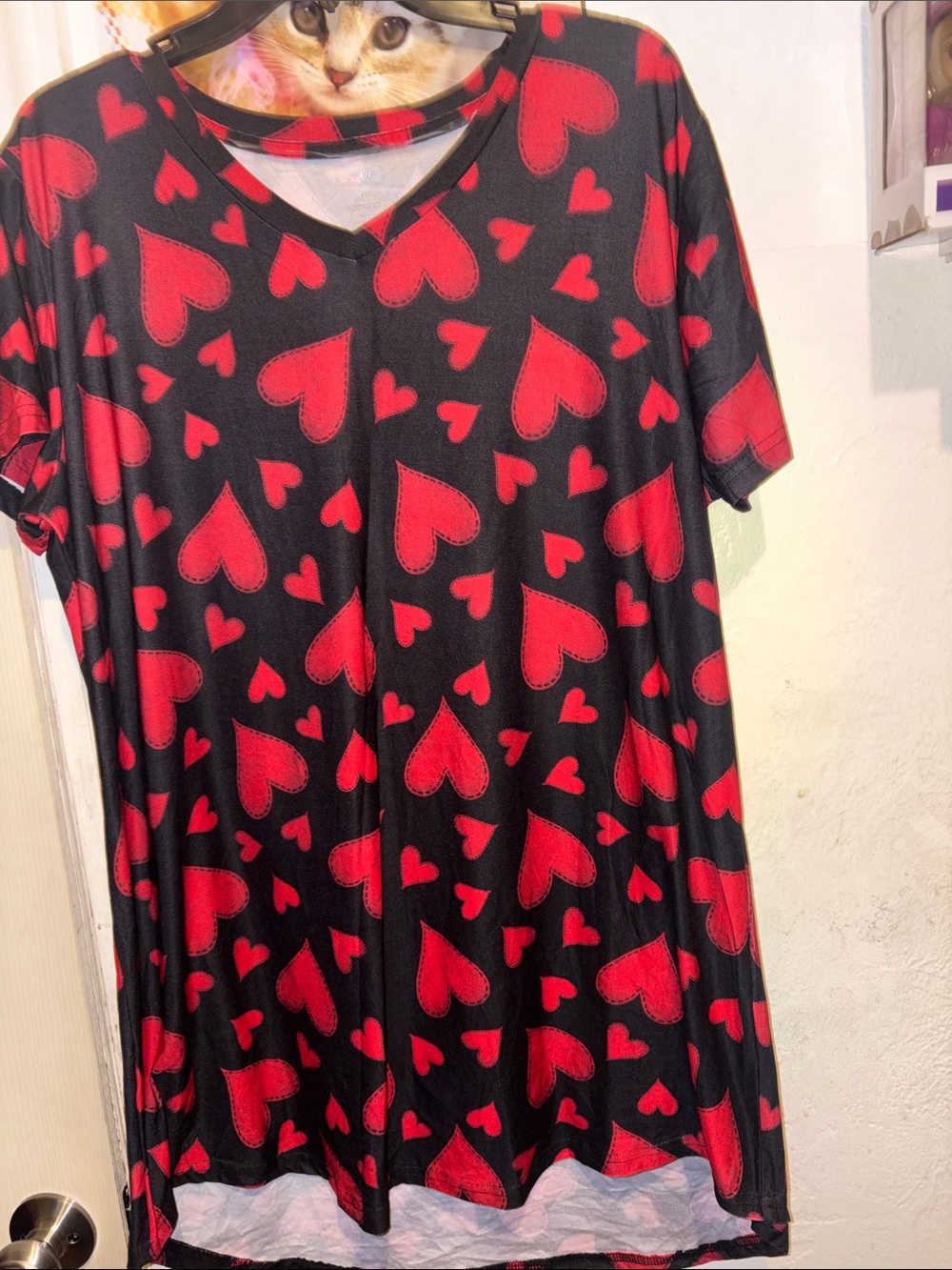just be Black Tunic Nightdress with Red Heart Print